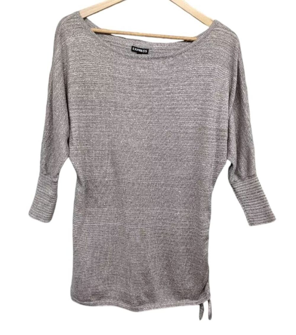 Express Metallic Silver Striped Sweater Dolman 3/4 Sleeve Scrunch Tie Size XS